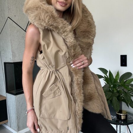 LUXE BEŻOWA KAMIZELKA Z ODPINANYM FUTERKIEM