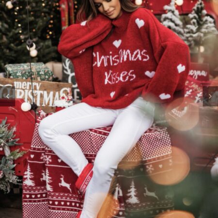 ❤️CZERWONY SWETER ŚWIĄTECZNY Z BIAŁYMI SERCAMI I NAPISEM "CHRISTMAS KISSES”