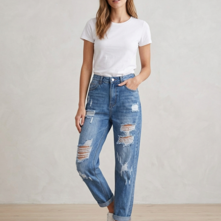 Stylowe Jeansy Mom Fit z Efektownymi Przetarciami
