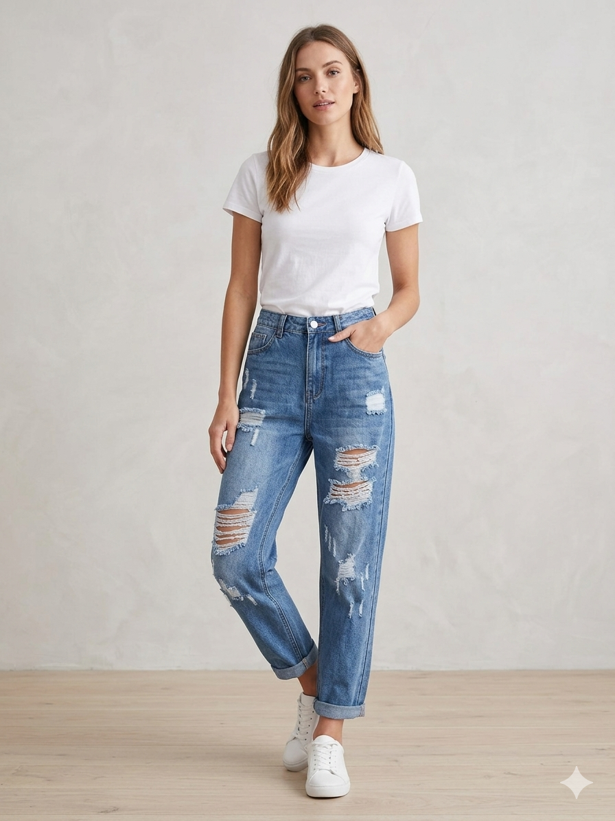 Stylowe Jeansy Mom Fit z Efektownymi Przetarciami